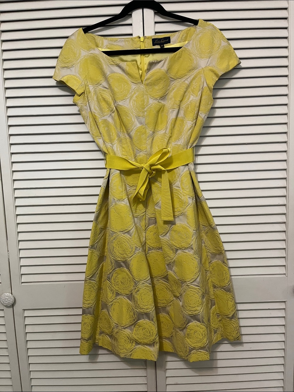 Luisa Spagnoli Yellow Textured Fit-and-Flare Midi Dress with Belt